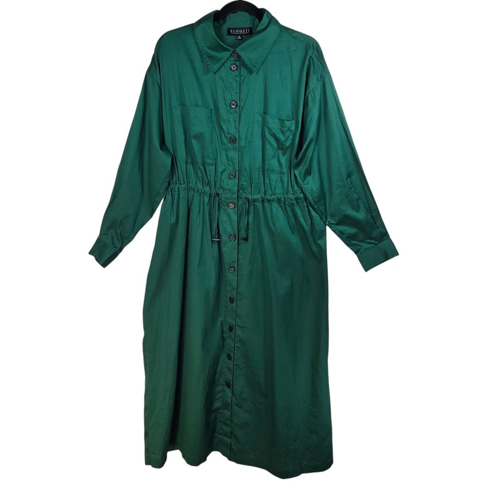 Eloquii Emerald Green Cotton Button Front Drawstring Waist Shirt Dress Woman 16